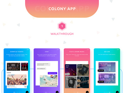 Colony App Design booking app chatapp eventapp events eventticket eventui feedapp livemusic livesharing musicapp musicplayer ticketbooking walkthroughs
