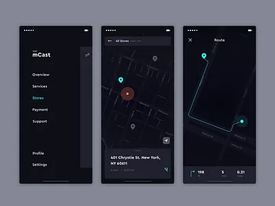 mcast app brandnew clean dark design direction location maps menu minimal pin route side nav simple ui ux