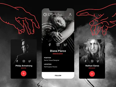 Ambassador | Profile cards account add ambassador design follow graphic hand icon logo mentor music profile profile card rock and roll social specialist ui ultimate guitar user card