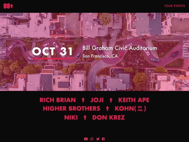 Event Listing 88rising animation australia concept concert daily ui dailyui design events gif invision invisionstudio listings san francisco socialmedia transition ui uidesign