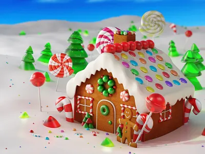 Christmas Gingerbread house in snow 3d 3d art 3dsmax animation art ball bounce behance character christmas christmas card design forest ginger house illustration lollipop snow sweet tree xmas