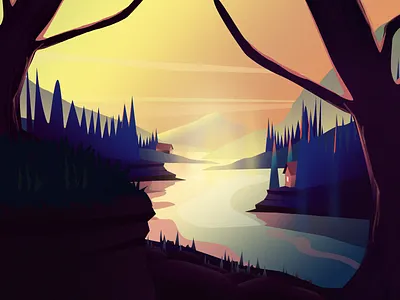 In The Wood adobe artwork character colorful design environment design game game art gradient illustration illustrator landscape leaf mountain nature illustration plant sunrise sunset vector wood