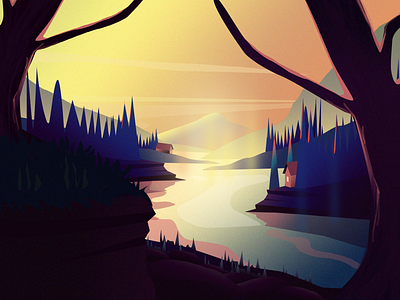 In The Wood adobe artwork character colorful design environment design game game art gradient illustration illustrator landscape leaf mountain nature illustration plant sunrise sunset vector wood