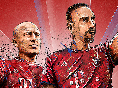 Cover Illustration for FC Bayern Munich bayern munich digital art drawing football illustration ink pencil photoshop portrait ribery robben soccer sport wacom watercolor
