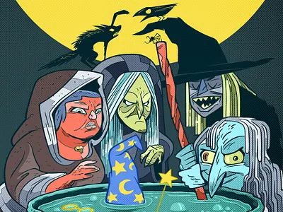 Witches coven hag halftone halloween illustration witch wizard