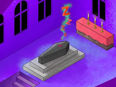 Even vampires need to sleep late... coffin halloween illustration isometric spooky textured vampire