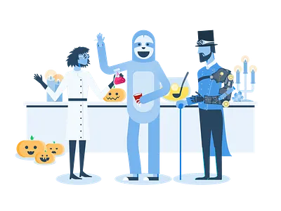 Halloween Party🎉 character costume fun halloween illustration party people pumpkin scientist sloth steampunk team