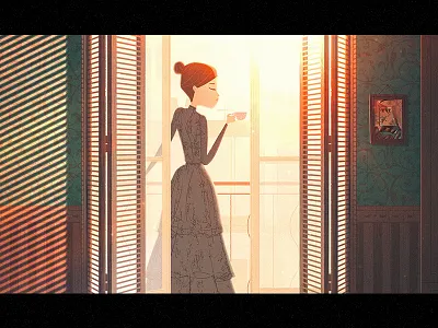 Le Goûter afternoon balcony door dress home illustration lady light old tea tea cup window woman