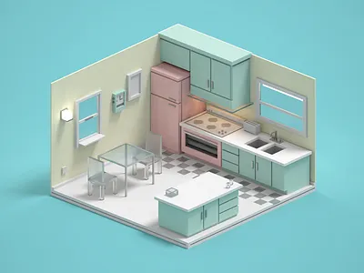 Retro Kitchen 3d illustration isometric kitchen magicavoxel render retro voxel voxelart