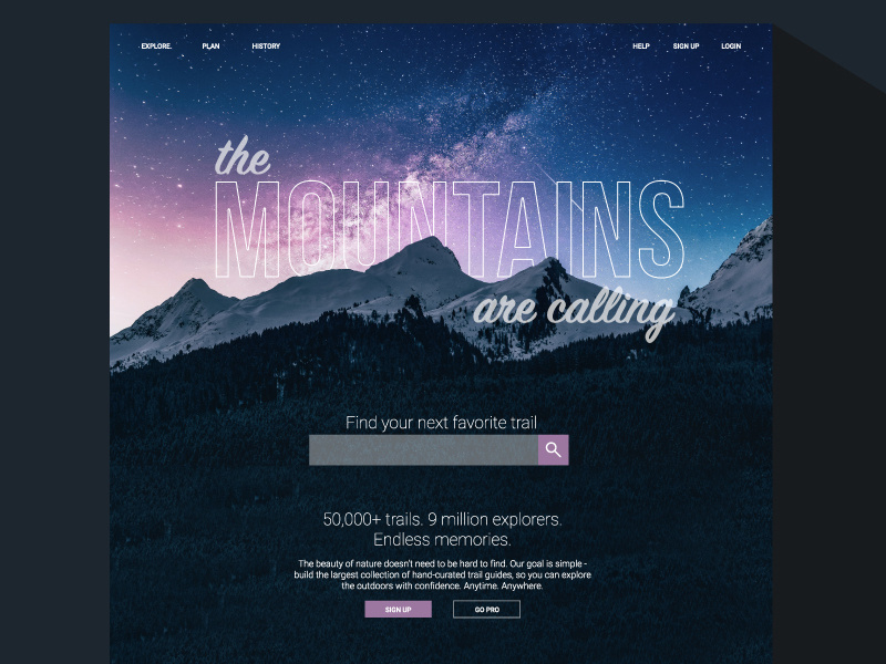 Example of Landing Page all trails hiking