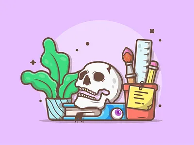 My halloween desk! 💀✍ book creative desk dribbble eye flat icon illustration logo pencil plants skull