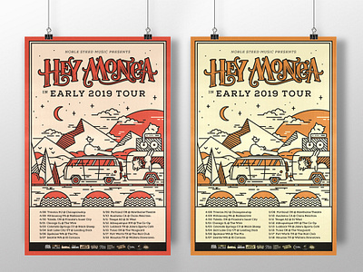 Hey Monea Tour Poster color options admat advanture animal band character flat graphic design illustration landscape linework logotype music musician nature poster tour tour poster ux van vector