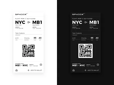 Daily UI 024 • Boarding Pass ... to Mars app black boarding pass daily ui flight mars minimal qr code space ui ux ux ui white