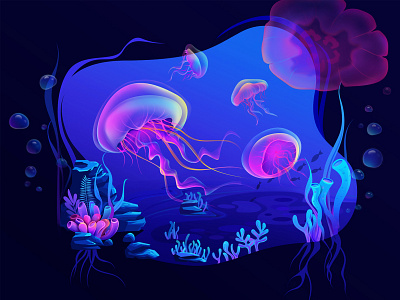 Jellyfish illustration air bulle banner card art color fishbowl followers gradient graphic hiwow illustration jellyfish ocean fish pink and blue ui app water web design