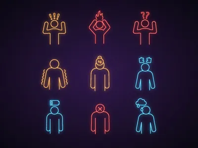 Emotional stress neon light icons set anxiety apathy burden confusion emotion emotional exhaustion feeling frustration glowing icon neon neon light person sadness set sign stress thinking trembling