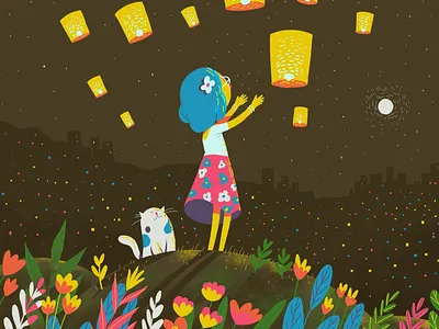 victory of light over darkness cat celebration design diwali drawing girl illustration india lamp night