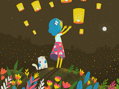 victory of light over darkness cat celebration design diwali drawing girl illustration india lamp night