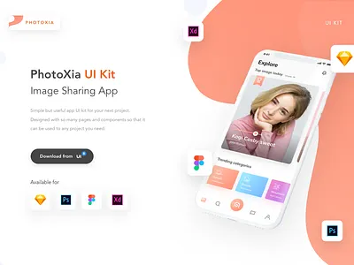 PhotoXia Image Sharing app UI Kit app design flat icon minimal ui ux vector