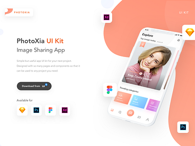 PhotoXia Image Sharing app UI Kit app design flat icon minimal ui ux vector