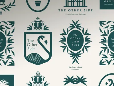 The Other Side & Ocean View Club badge bird caribbean crest crown flamingo hotel leaves ocean plant resort seal tent water