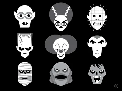 Halloween monsters for Instagram Vectober 2018 black and white bride of frankenstein character design creature from the black lagoon dracula frankenstein frankensteins monster halloween hellraiser illustration illustrator inktober 2018 monsters nosferatu pennywise pinhead themummy vectober2018 vector zombie