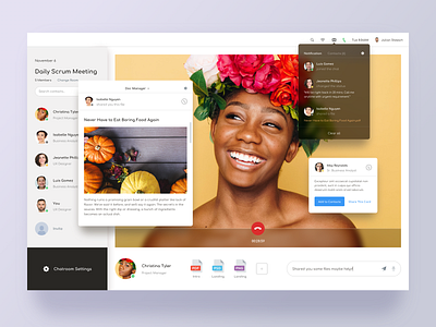Video conferencing app. app business chat contact document hiwow list menu navigation notification profile settings share video web