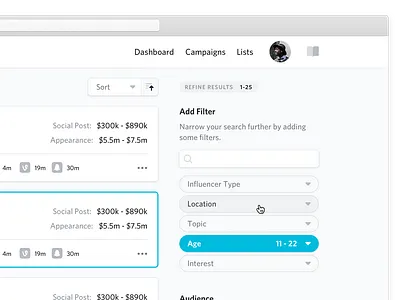 Add Filter design filter icons influencer interface search typography ui user experience user interface ux web app web application whitney