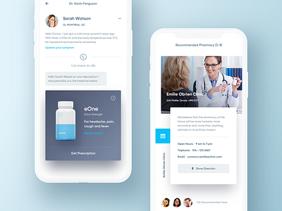 Online family doctor app. app card chat clean description hiwow list location medical mobile profile review ui
