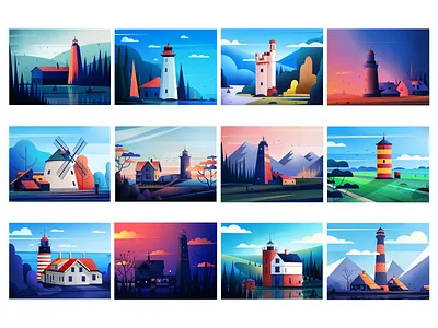 Lighthouse project. art behance project blue clouds design evening hill house illustration illustrations landscape light lighthouse nature student project sunset tree windmills winter