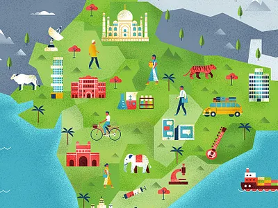 India buildings character icons india map texture trees vector
