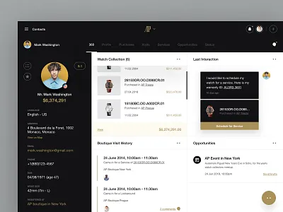 Audemars Piguet - Customer 360 - Exploration #1 client colors crm dashboard design design sprint exploration interface overview ui ui design user experience user interface ux ux design watch watchmaker web web app