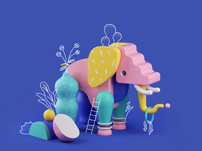 Fauna - Elephant 2d illustration 3d art 3d illustration art direction design graphic design interior design plants