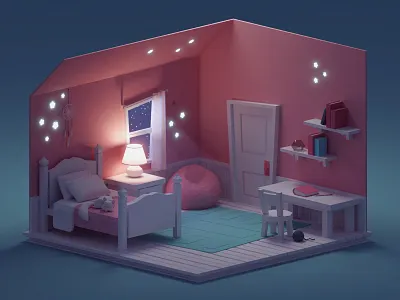 Quick Room Render (Night Version) b3d blender illustration isometric lights low poly night pink room room booking sleep stars