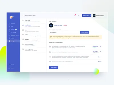 Company Profile - KYC analytics dashboard gradient kyc landing page menu mobile profile search settings settings page sidebar verification webdesign website