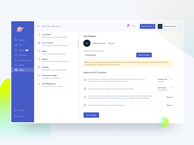 Company Profile - KYC analytics dashboard gradient kyc landing page menu mobile profile search settings settings page sidebar verification webdesign website