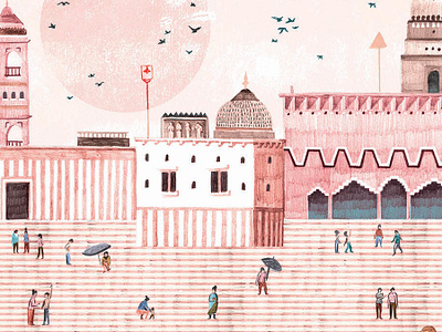 Ganges River birds buildings design drawing ganges river ghats in varanasi illustration india people river sun
