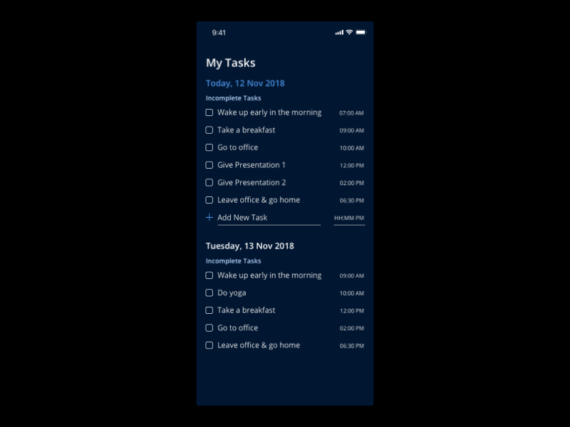 TO DO List Application dark theme to do list visual design