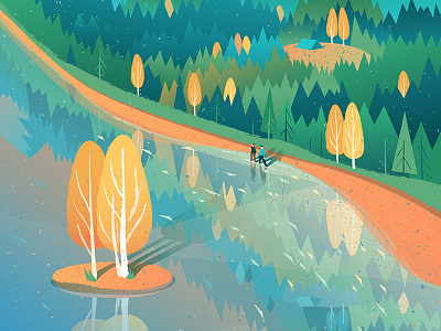 Autumn Memories adobe illustrator adobeillustrators adventure autumn couple digital 2d digital art fall illustration lanscape mood nature orange seasonal tent vector wanderlust woods