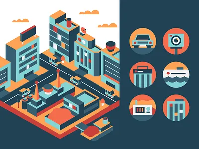 Isometric City billboard boat building car city city guide city hall eye icons isometric power station satellite dish sensors skyscraper