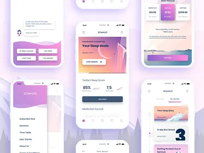 Somnus App audio session coach insomnia meditation meditation app meditation session mobile app design personal coach sleep sleep app sleep therapy sleep well sleeping