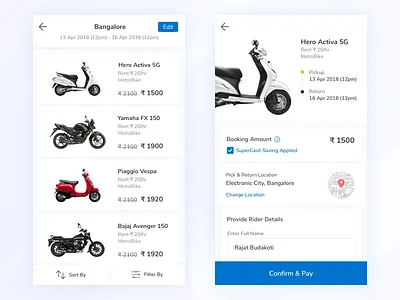 Rent a Bike application bike bike ride booking app detail screen listing page mobile app mobile app design online product rent a bike rental ui uidesign user center design user experience ux ux design