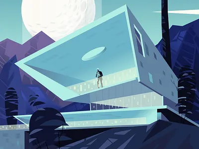 Moonlight Patio architecture design future home illustration moon night plants vectornator