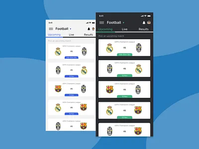 SportsApp concept dark design football iphone light light blue ui ux vector
