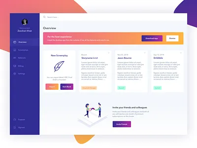 Screenwriting App Dashboard app background branding color icon illustration mobile app design typography ui ux vector web web design