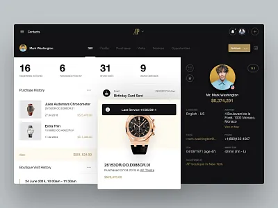 Audemars Piguet - Customer 360 - Exploration #3 app client colors crm dashboard design design sprint exploration interface overview ui ui design user experience user interface ux ux design watch watchmaker web web app