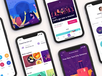 GAther App for teens chat feed giveaway illustration invite product profile travel ui ux