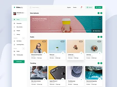 Internal video platform app clean dashboard design enterprise landing page minimal new record stream trending ui upload ux video video app web
