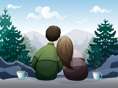 Illustration Love In The Winter adobe ilustrator coffee digital art drawing forest girl and boy graphic design illustration love mountains sketching vector winter