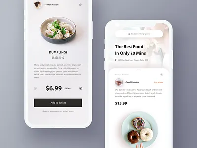 Find food nearby account app check out details food hiwow mobile order panel popup price profile search shop ui