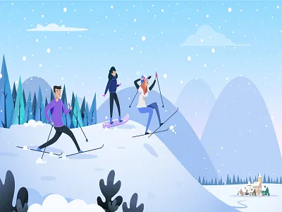 Snowboarding People On Snow Mountain In Winter creative design enjoy flat design forest fun illustration mountain people snow snow day snow flake snowboard village winter